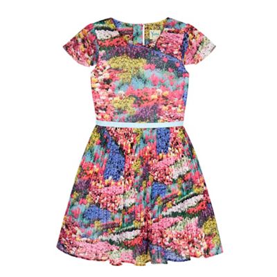 Yumi Girl Multicoloured Meadow Print Pleated Dress